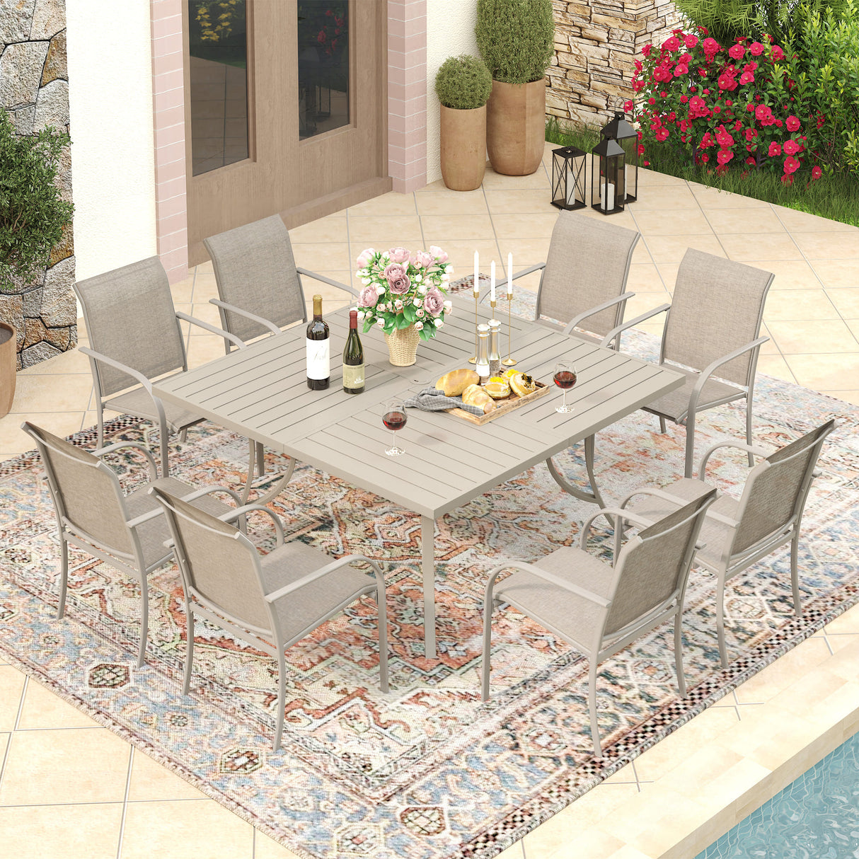 Vicllax 9 Pieces Outdoor Sandshell Dining Set with 59" Square Dining Table and Stackable Chair
