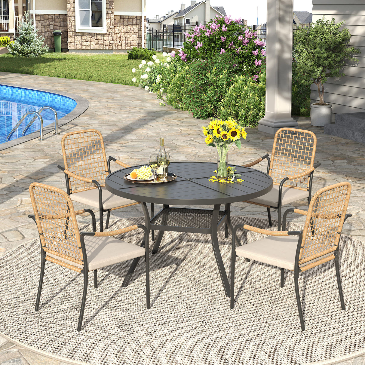 Vicllax 5 PCS Patio Dining Table Set, 41" Round Metal Table with Shelf and Solana Stackable Chair
