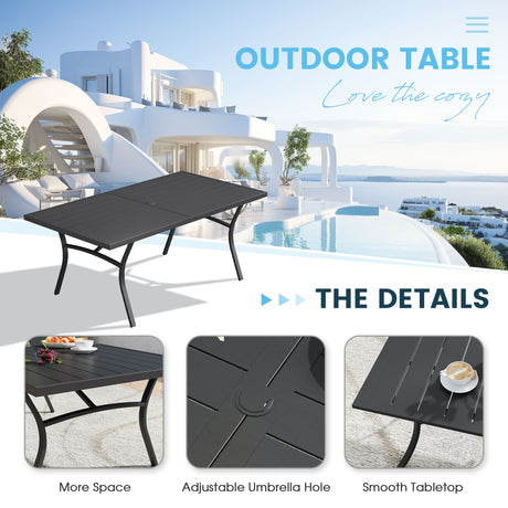 Vicllax Juego de comedor de exterior de 7 piezas con mesa rectangular de metal y sillas giratorias de textileno