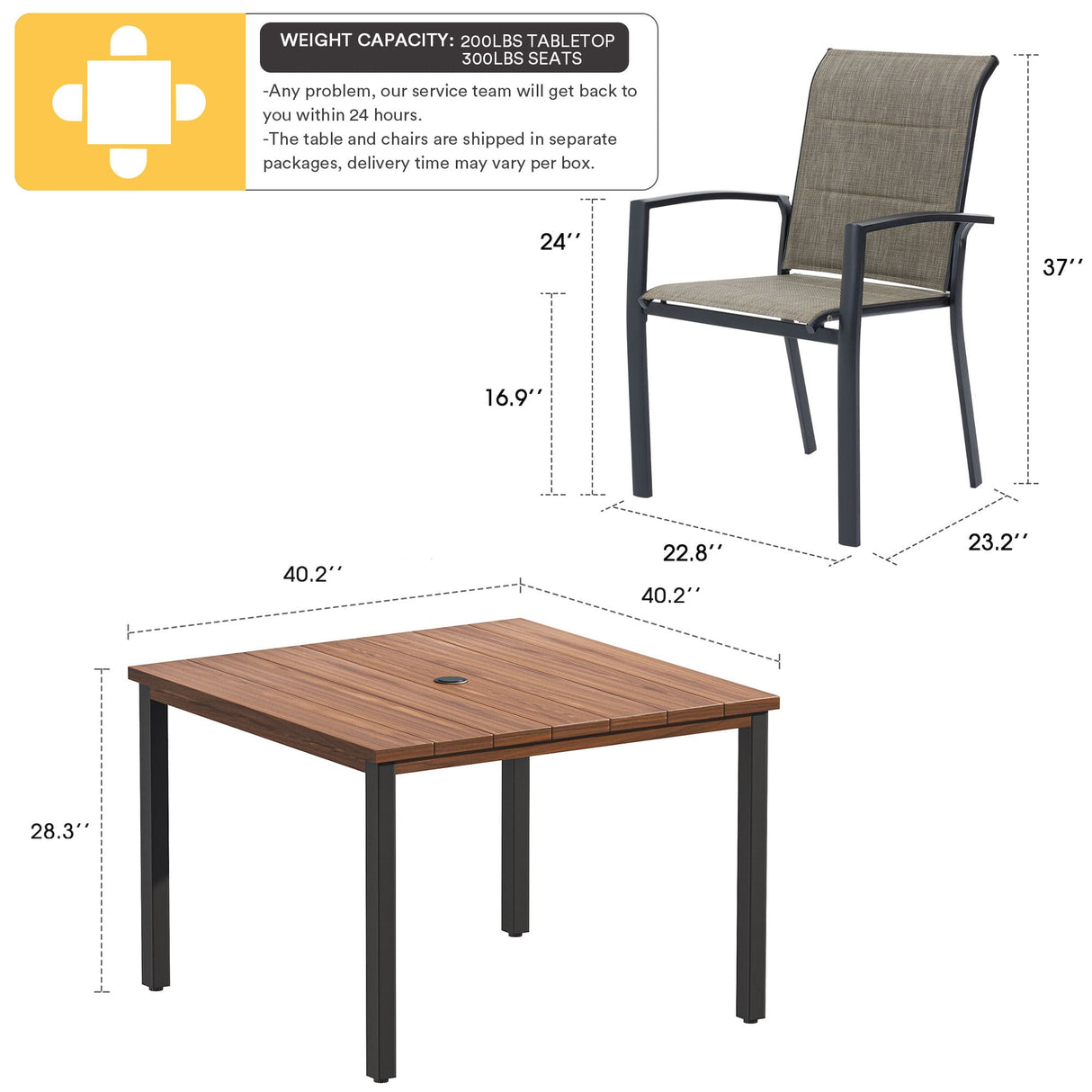 Vicllax 5 Pieces Outdoor Dining Set with 40" Square Table and Padded Stackable Chairs