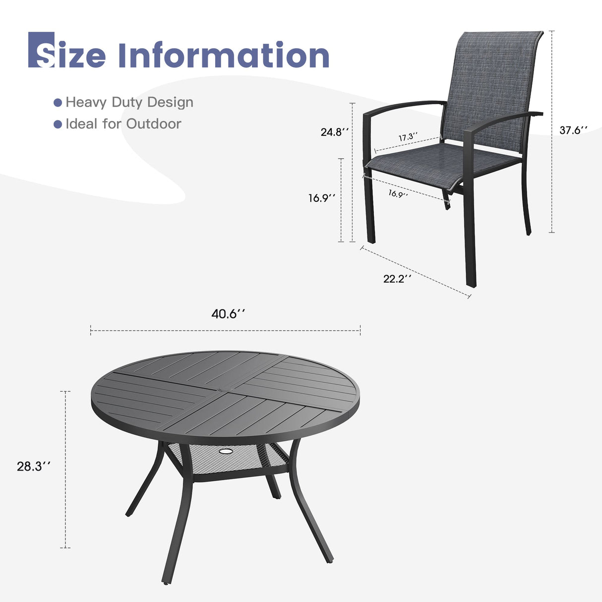 Vicllax 5 PCS Patio Dining Table Set, 41" Round Metal Table with Shelf and Skyline Stackable Chair