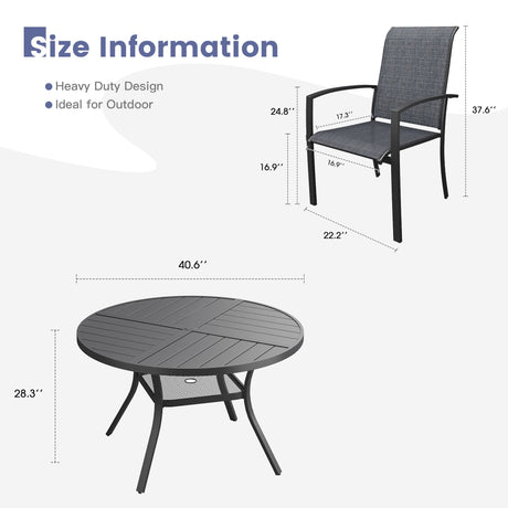 Vicllax 5 PCS Patio Dining Table Set, 41" Round Metal Table with Shelf and Skyline Stackable Chair