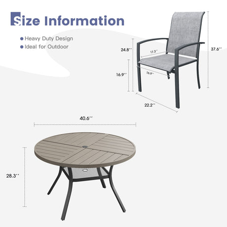 Vicllax 5 PCS Patio Dining Table Set, 41" Round Metal Table with Shelf and Skyline Stackable Chair