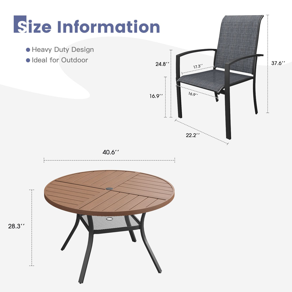 Vicllax 5 PCS Patio Dining Table Set, 41" Round Metal Table with Shelf and Skyline Stackable Chair