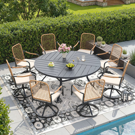 Viclla 9-Piece Outdoor Dining Set, 60” Round Metal Table with Umbrella Hole & Solana Swivel Chair