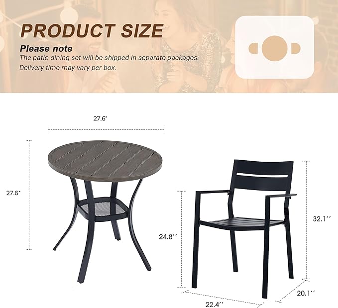 Vicllax Outdoor Patio Bistro Set of 2, Metal 27.6" Round Table and Stackable Dining Chair
