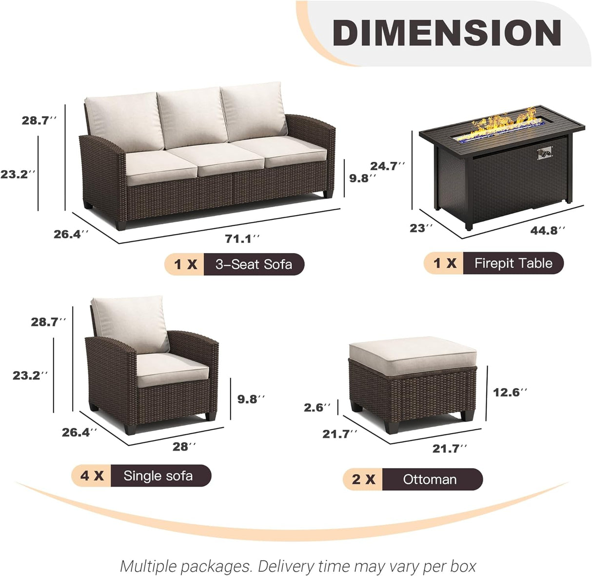 Vicllax Patio Furniture Set, Wicker Outdoor Conversation Set with Cushioned Sofa Chairs Fire Pit Table and Ottomans