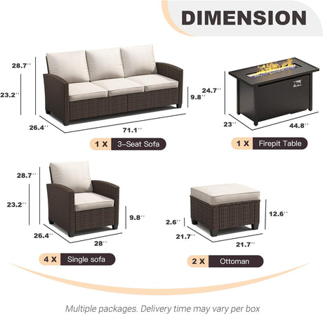 Vicllax Patio Furniture Set, Wicker Outdoor Conversation Set with Cushioned Sofa Chairs Fire Pit Table and Ottomans