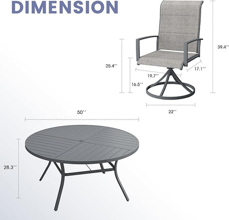 Vicllax Juego de comedor para exterior de 5 piezas con mesa redonda de metal de 42" y 4 sillas giratorias acolchadas