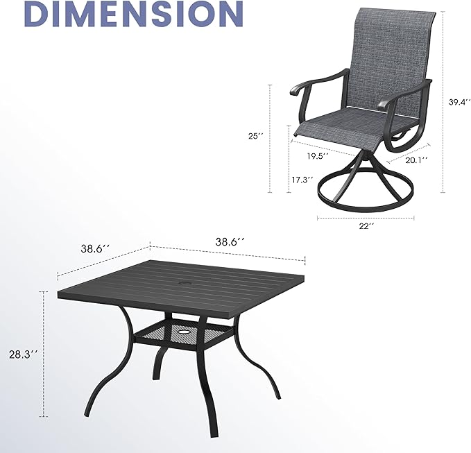Vicllax Outdoor 38.6“ Plastic Dining Table Set of 4, Plastic Square Table with Swivel Dining Chairs