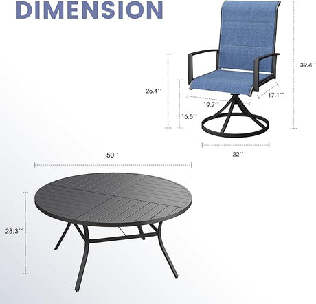 Vicllax Juego de comedor para exterior de 5 piezas con mesa redonda de metal de 42" y 4 sillas giratorias acolchadas