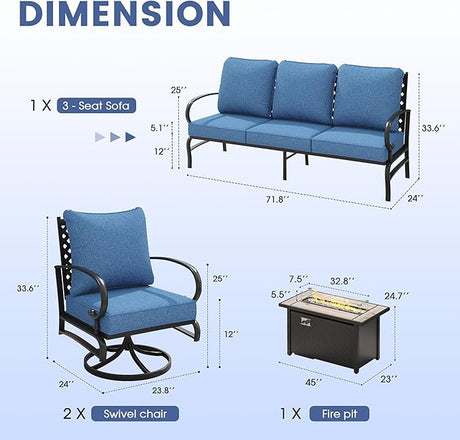 Vicllax 4-Piece Outdoor Patio Conversation Sofa Set, With Metal Rectangular Fire Pit Table (Blue)
