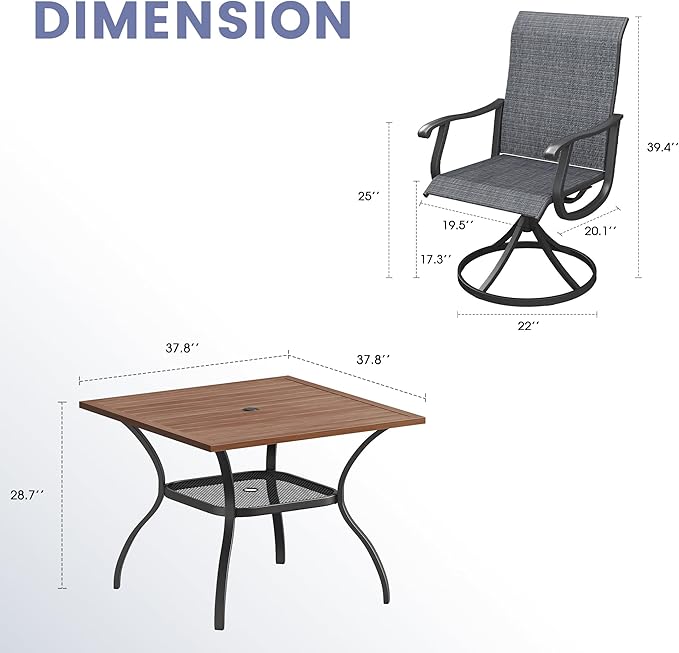 VICLLAX 5 Pieces Outdoor Dining Set, Swivel Dining Chairs and 37.8" Square Patio Table with Storage Shelf