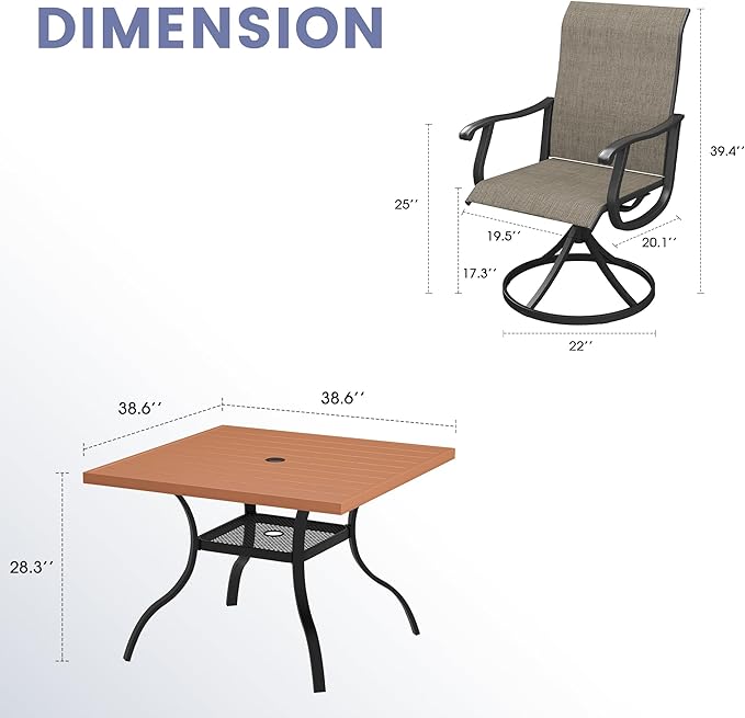 Vicllax Outdoor 38.6“ Plastic Dining Table Set of 4, Plastic Square Table with Swivel Dining Chairs