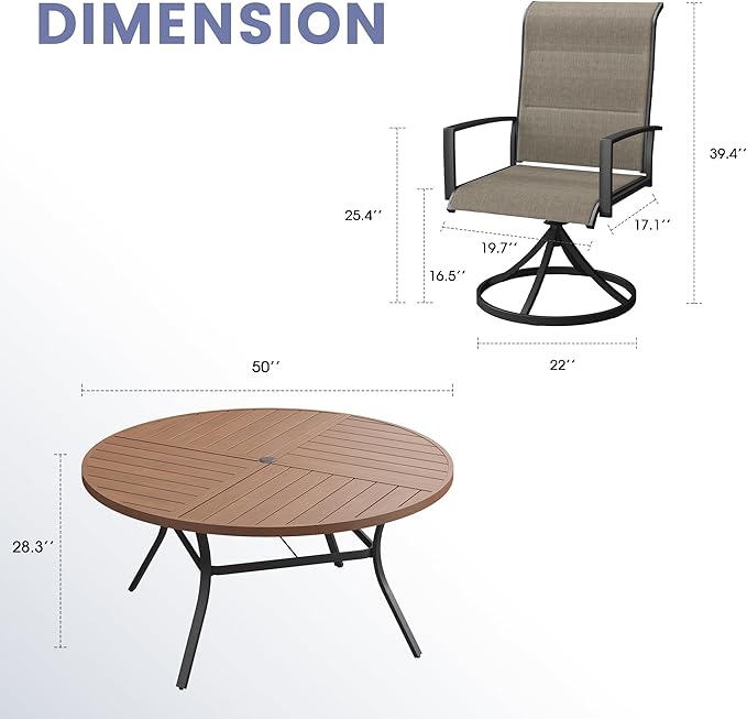 Vicllax 7 Pieces Outdoor Dining Set, 50" Metal Round Dining Table and Paddad Swivel Chairs