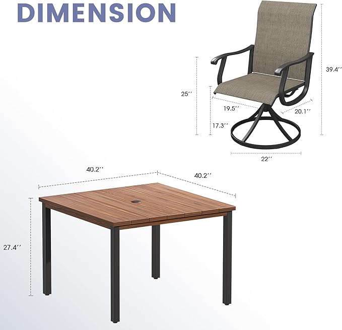 Vicllax Outdoor 40.2“ Dining Table Set of 4, Square Table with Swivel Dining