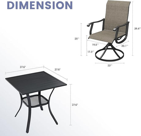 VICLLAX 3 Pieces Outdoor Dining Set, Set of 2 Patio Swivel Dining Chairs and 28" Square Table