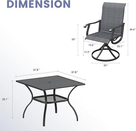 VICLLAX 5 Pieces Outdoor Dining Set, Swivel Dining Chairs and 37.8" Square Patio Table with Storage Shelf