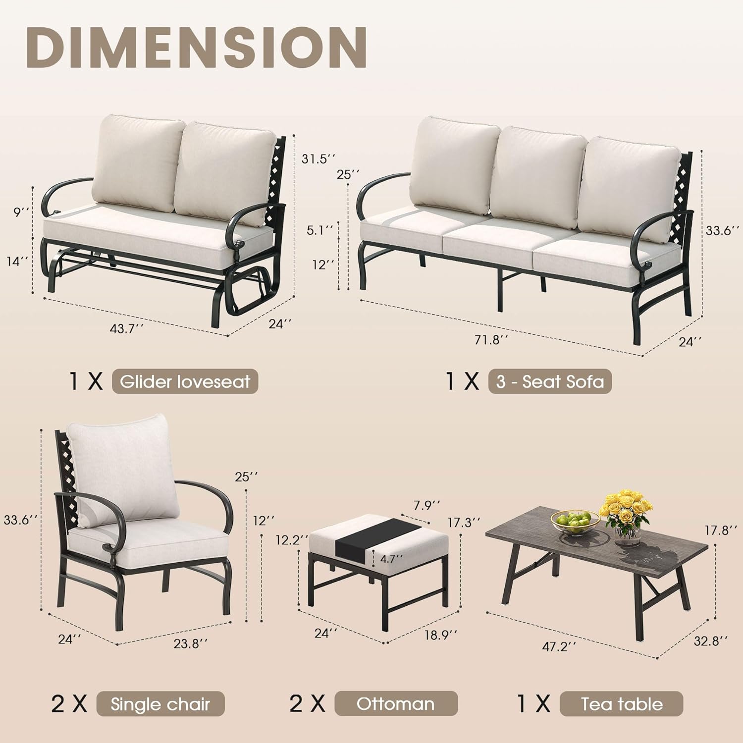 Vicllax 5-Piece Outdoor Patio Conversation Set with Cushioned Sofa Chairs and Ottomans