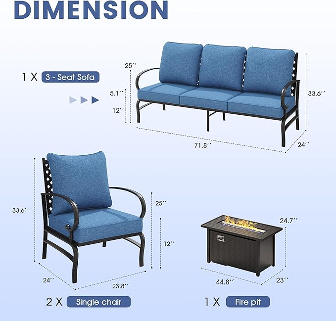 Vicllax 4-Piece Outdoor Patio Conversation Sofa Set, With Metal Rectangular Fire Pit Table (Blue)