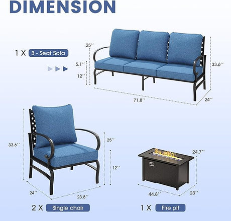 Vicllax 4-Piece Outdoor Patio Conversation Sofa Set, With Metal Rectangular Fire Pit Table (Blue)