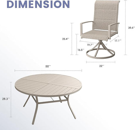 Vicllax Juego de comedor para exterior de 5 piezas con mesa redonda de metal de 42" y 4 sillas giratorias acolchadas