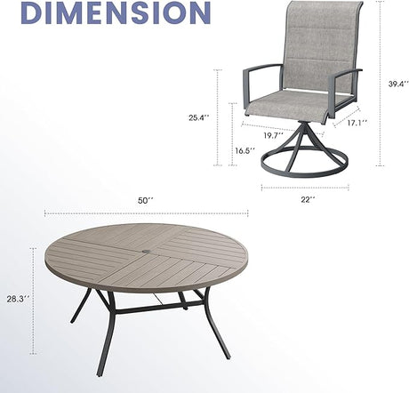 Vicllax Juego de comedor para exterior de 5 piezas con mesa redonda de metal de 42" y 4 sillas giratorias acolchadas