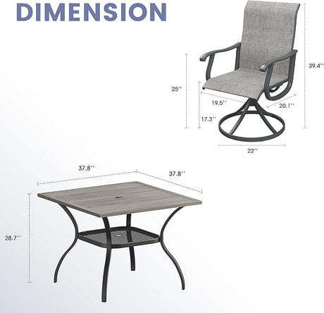 VICLLAX 5 Pieces Outdoor Dining Set, Swivel Dining Chairs and 37.8" Square Patio Table with Storage Shelf