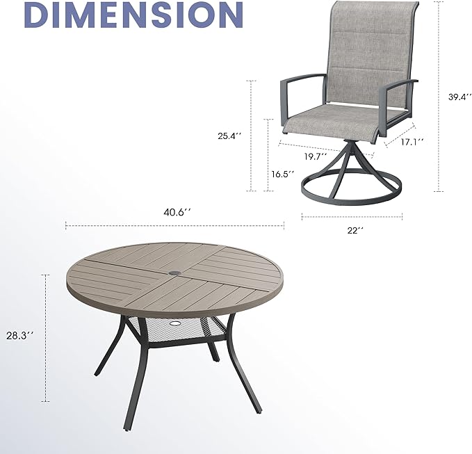 Vicllax 5 Pieces Outdoor Dining Set, 40.6" Metal Round Dining Table and Paddad Swivel Chairs