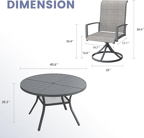 Vicllax Juego de comedor para exterior de 5 piezas con mesa redonda de metal de 42" y 4 sillas giratorias acolchadas