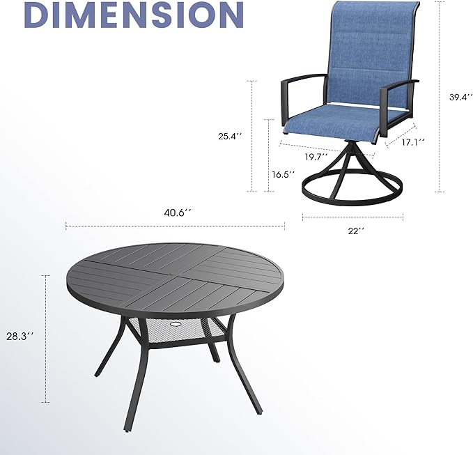 Vicllax 5 Pieces Outdoor Dining Set, 40.6" Metal Round Dining Table and Paddad Swivel Chairs