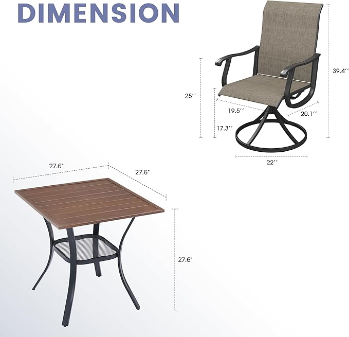 VICLLAX 3 Pieces Outdoor Dining Set, Set of 2 Patio Swivel Dining Chairs and 28" Square Table