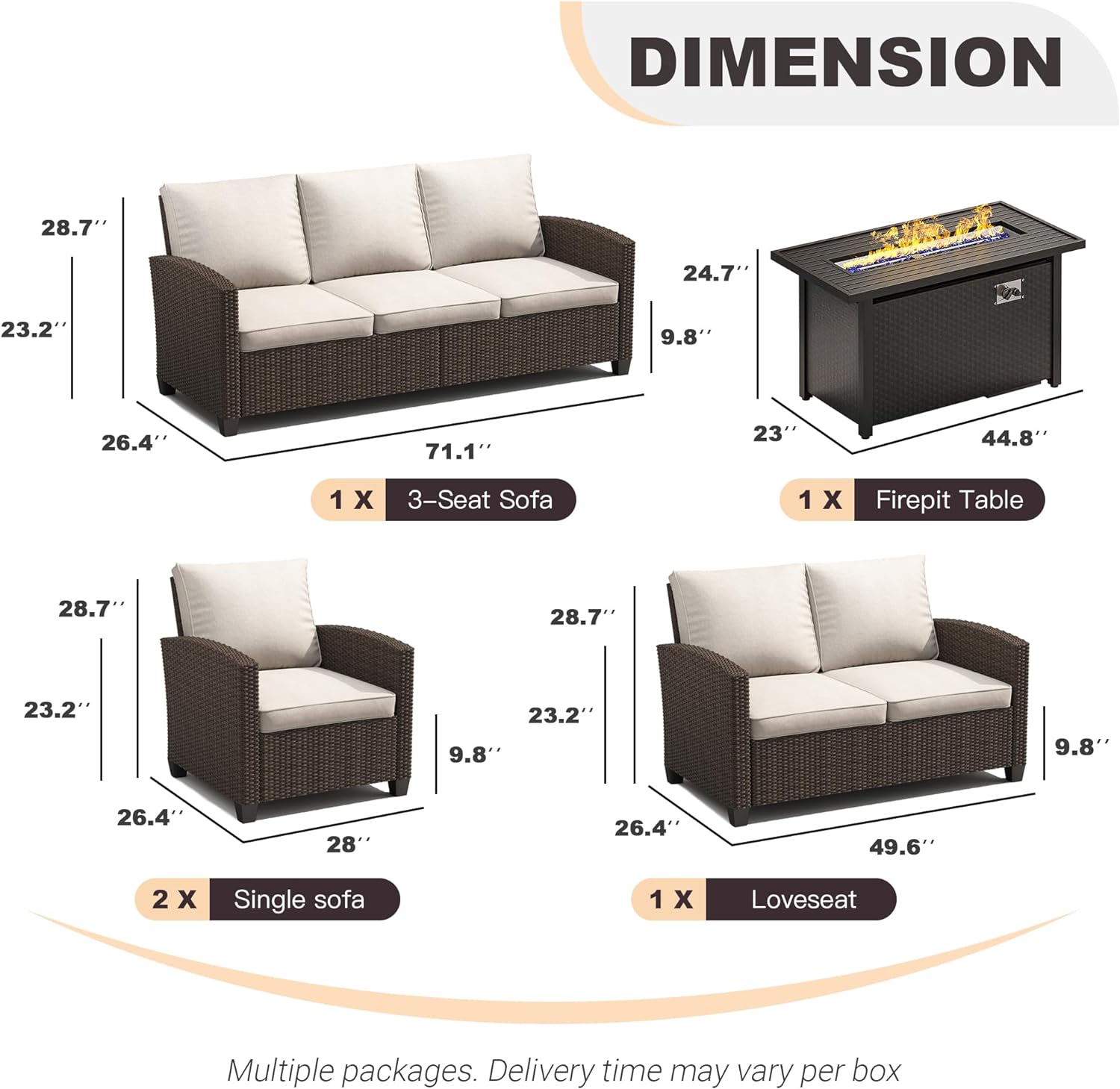 Vicllax Patio Furniture Set, Wicker Outdoor Conversation Set with Cushioned Sofa Chairs Fire Pit Table and Ottomans