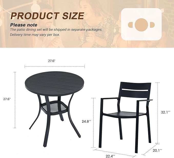 Vicllax Outdoor Patio Bistro Set of 2, Metal 27.6" Round Table and Stackable Dining Chair