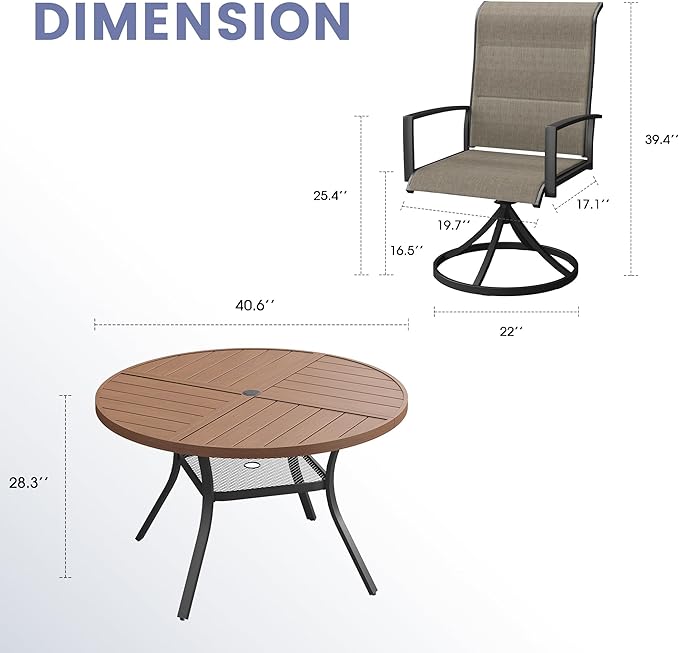 Vicllax 5 Pieces Outdoor Dining Set, 40.6" Metal Round Dining Table and Paddad Swivel Chairs