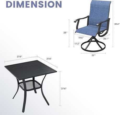 VICLLAX 3 Pieces Outdoor Dining Set, Set of 2 Patio Swivel Dining Chairs and 28" Square Table