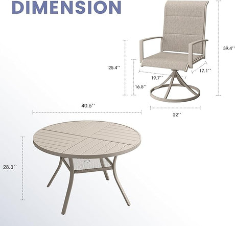 Vicllax Juego de comedor para exterior de 5 piezas con mesa redonda de metal de 42" y 4 sillas giratorias acolchadas