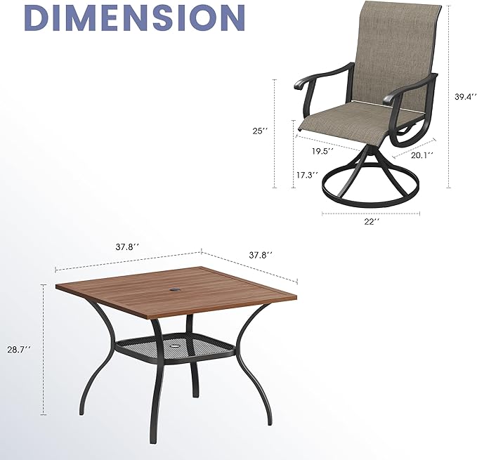 VICLLAX 5 Pieces Outdoor Dining Set, Swivel Dining Chairs and 37.8" Square Patio Table with Storage Shelf