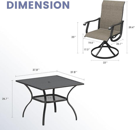 VICLLAX 5 Pieces Outdoor Dining Set, Swivel Dining Chairs and 37.8" Square Patio Table with Storage Shelf
