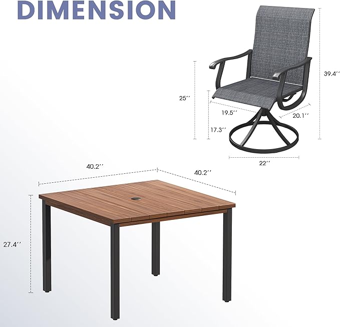 Vicllax Outdoor 40.2“ Dining Table Set of 4, Square Table with Swivel Dining