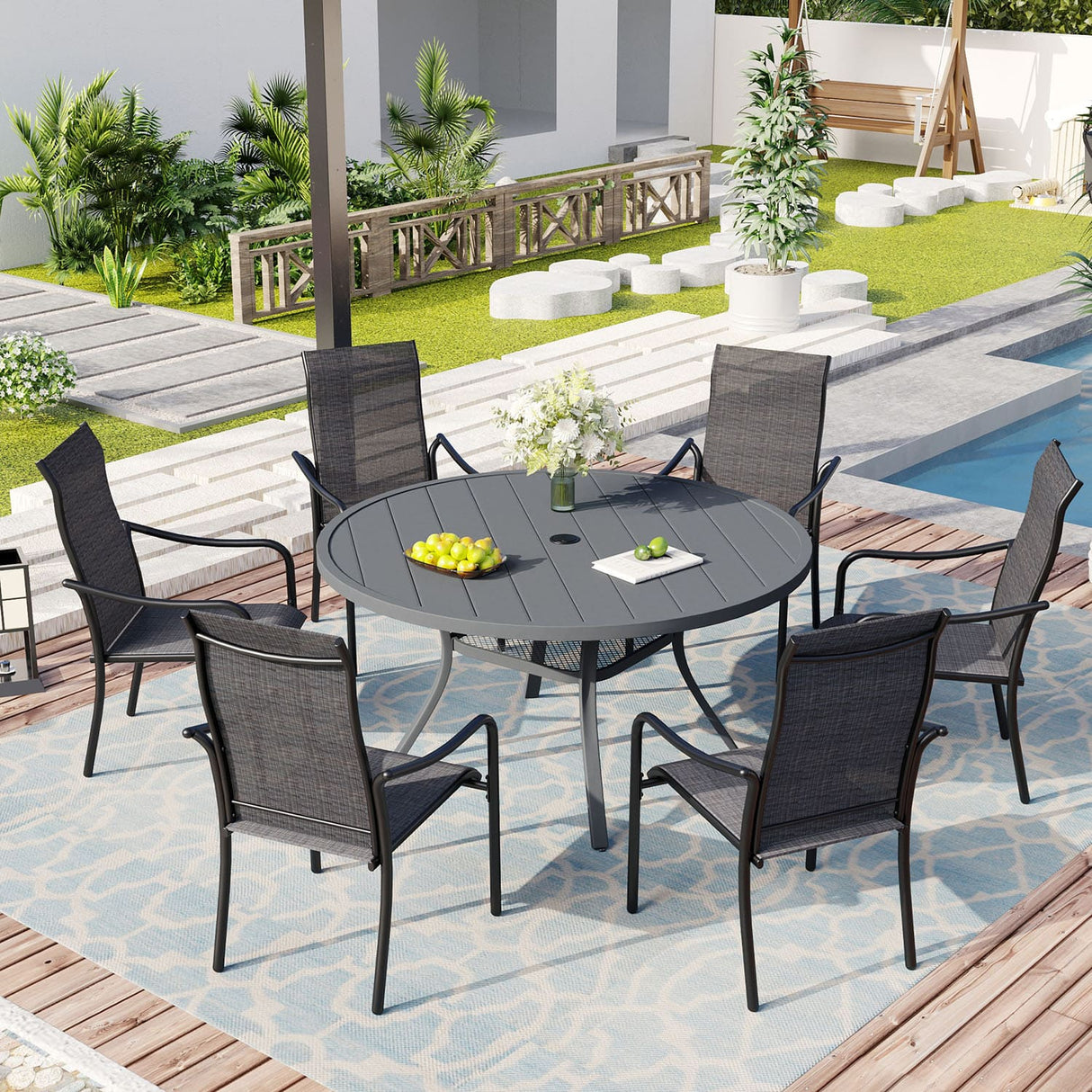 Vicllax 5 Pcs Outdoor Dining Set with 40.6" Round Metal Table and High Back Stackable Chair