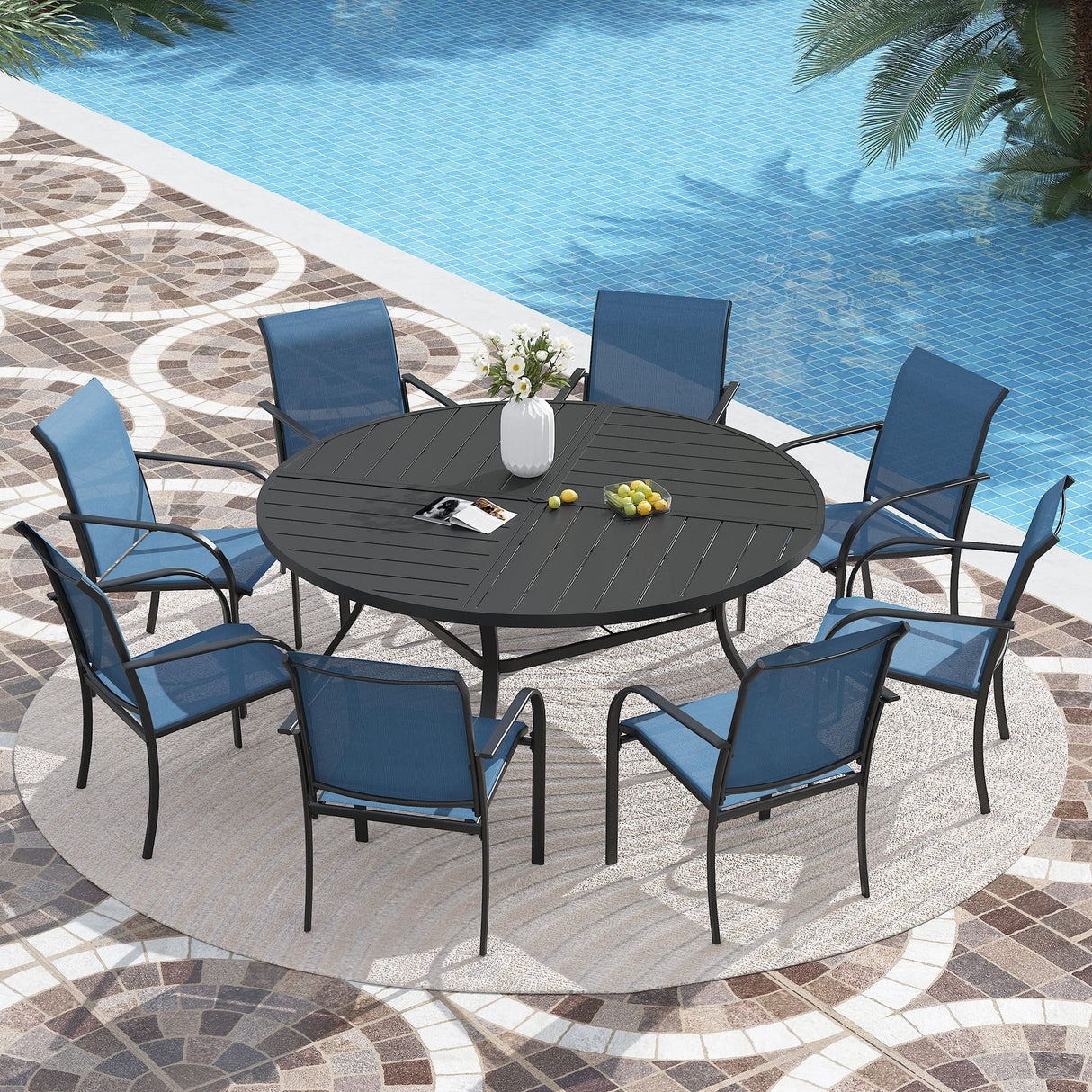 VICLLAX 7/9/11 PCS Patio Dining Table Set, Round Metal Table and Stackable Sling Chair