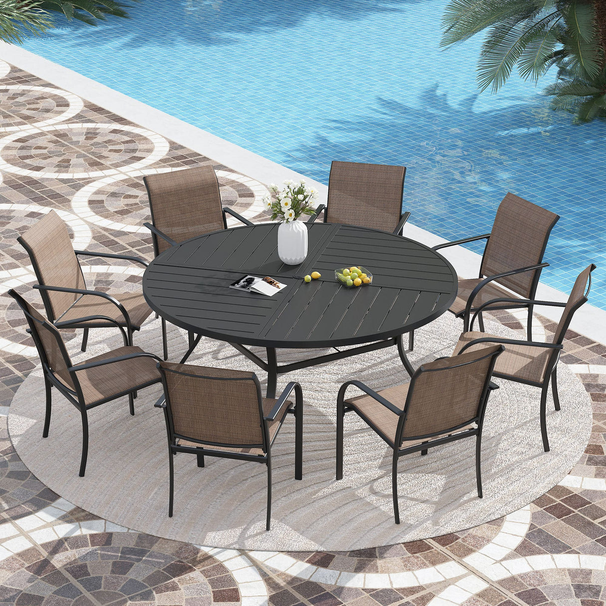 VICLLAX 7/9/11 PCS Patio Dining Table Set, Round Metal Table and Stackable Sling Chair