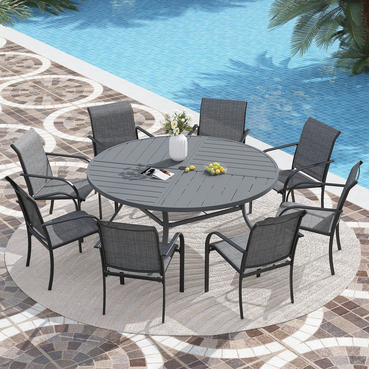 VICLLAX 7/9/11 PCS Patio Dining Table Set, Round Metal Table and Stackable Sling Chair