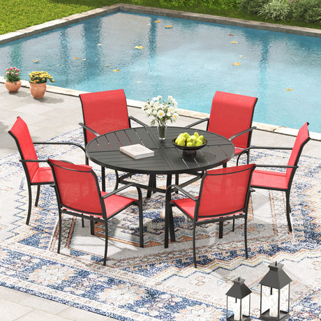 VICLLAX 5/7 PCS Patio Dining Table Set, Round Metal Table with Shelf and Stackable Sling Chair
