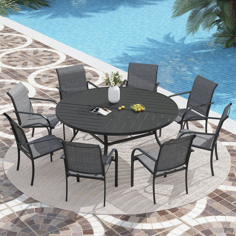 VICLLAX 7/9/11 PCS Patio Dining Table Set, Round Metal Table and Stackable Sling Chair