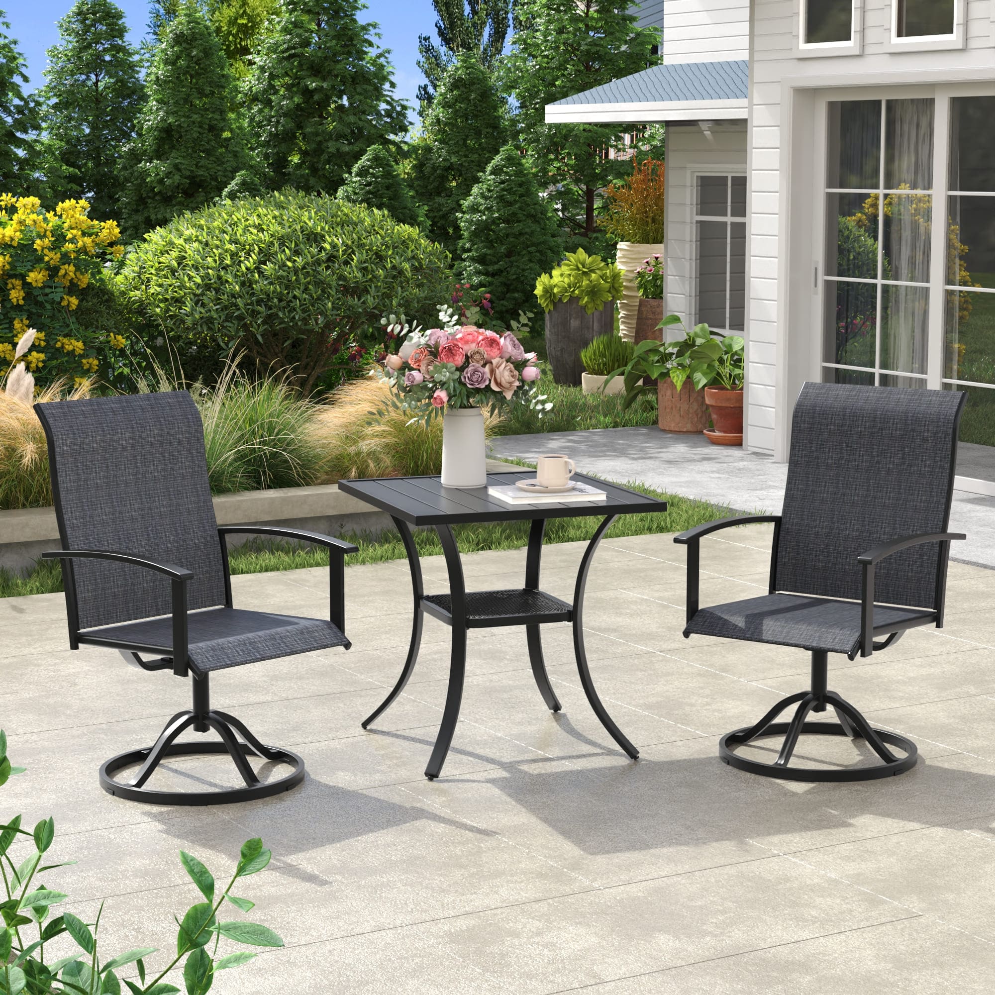 Vicllax 3 Pieces Outdoor Dining Set, 27.6" Square Bar  Table and Swivel Chair, Bistro Set for Garden, Balcony & Backyard