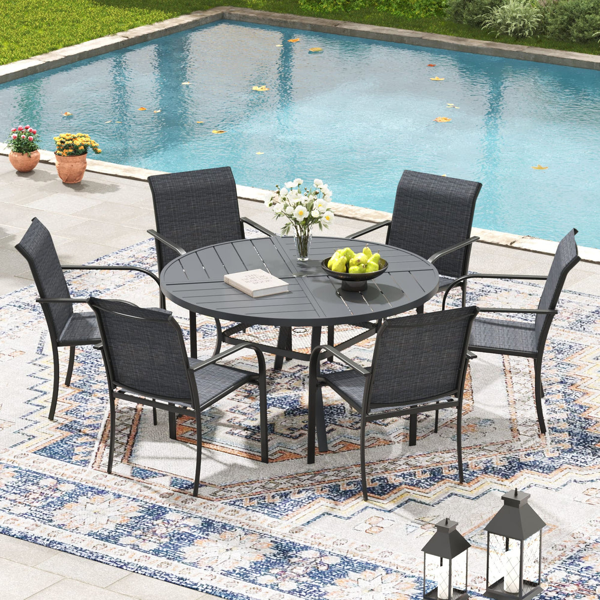 VICLLAX 5/7 PCS Patio Dining Table Set, Round Metal Table with Shelf and Stackable Sling Chair