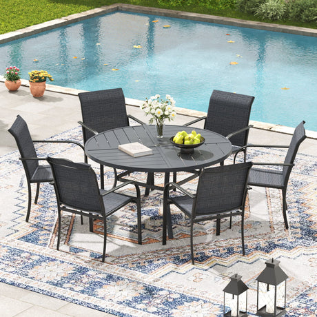 VICLLAX 5/7 PCS Patio Dining Table Set, Round Metal Table with Shelf and Stackable Sling Chair