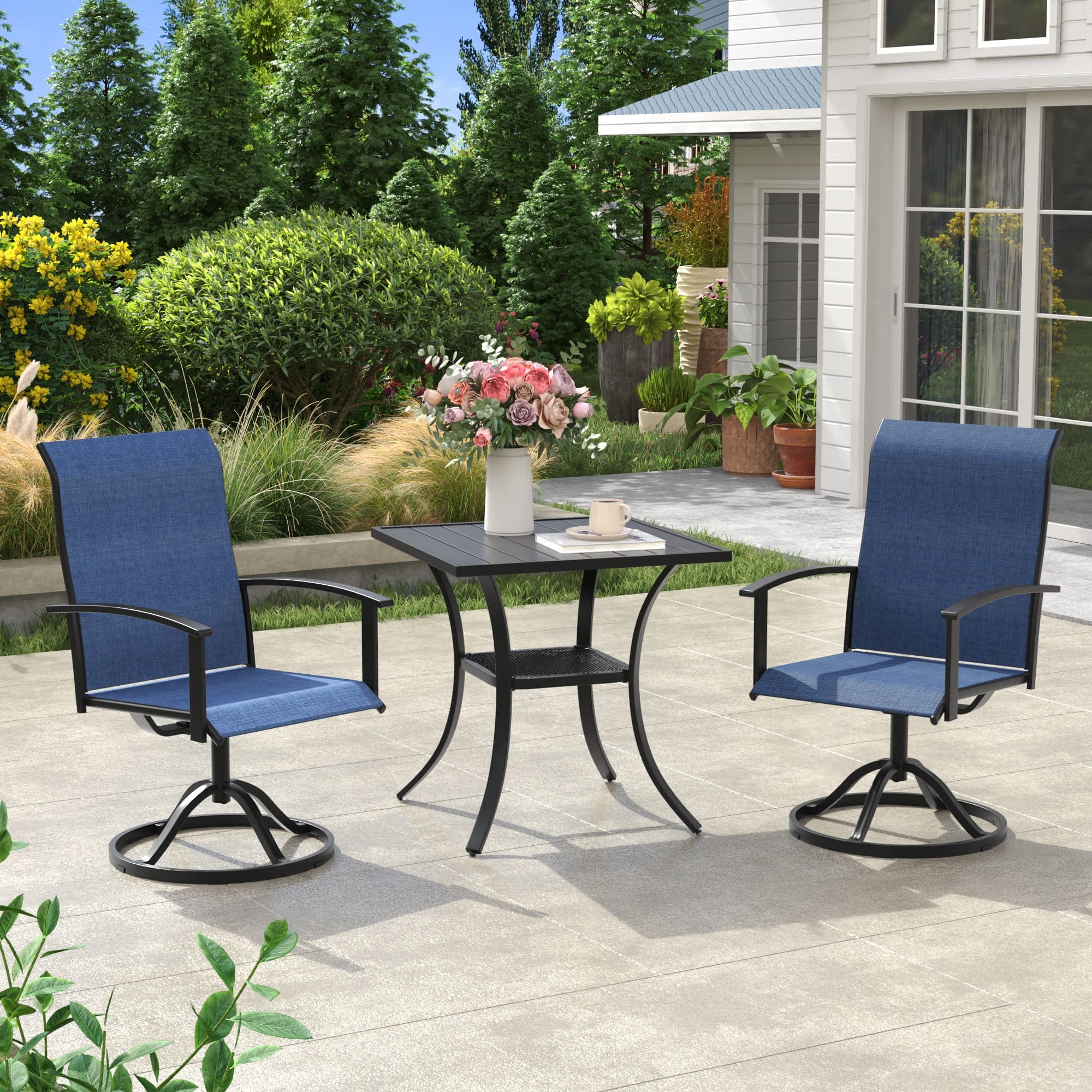 Vicllax 3 Pieces Outdoor Dining Set, 27.6" Square Bar  Table and Swivel Chair, Bistro Set for Garden, Balcony & Backyard